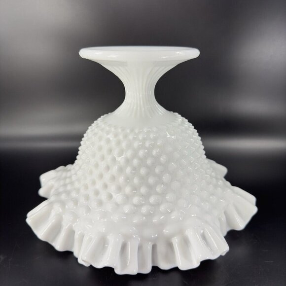 Fenton White Hobnail Footed Compote Ruffled Rim Edges Pedestal Bowl Dish Vintage - Picture 16 of 16